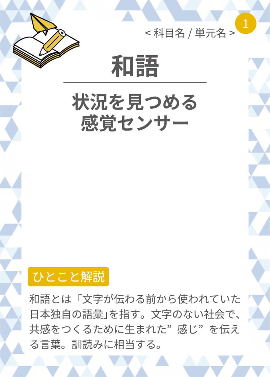 学問レンズ 国語デッキ「和語」のカード表面。ツール名は「状況を見つめる感覚センサー」